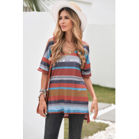 Multicolor Color Block V Neck Short Sleeve Top