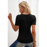 Black Buttoned Ribbed Knit Short Sleeve Top