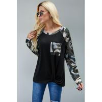 Black Camo Contrast Long Sleeve Top