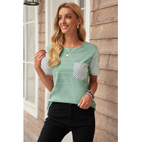 Green Striped Short Sleeve Contrast Color T-Shirt with Pocket