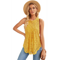 Yellow Lace Hollow Out Sleeveless T-Shirt