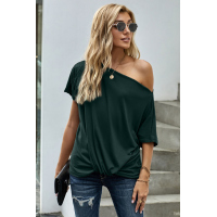 Green Off-The-Shoulder Slash Neck Casual Loose Fitting Top