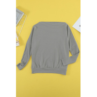 Gray Off Shoulder Ribbed Texture Raglan Long Sleeve Top