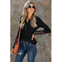 Black Crochet Lace Hem Sleeve Button Top