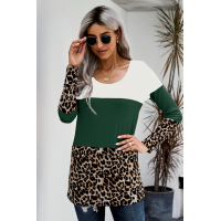 Green Colorblock Leopard Triple Patchwork Long Sleeve Top