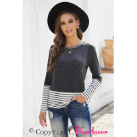 Gray Rhinestone Beading Striped Patchwork Long Sleeve Top