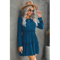 Blue Long Sleeve Ruffled Solid Swing Mini Dress