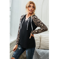 Lace Up Neck Leopard Long Sleeves Top