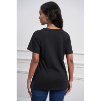 Black V Neck Short Sleeves Cotton Blend Tee with Front Pocket and Side Slits