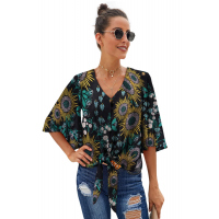 Black Floral Print Button Tie Top