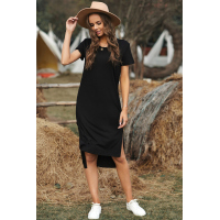 Black Casual Short Sleeve T-shirt Midi Dress with High Splits