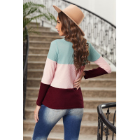 Sky Blue V-neck Color Block Button Waffle Knit Pullover