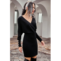 Black Wrap V Neck Batwing Sleeves Ribbed Sweater Dress