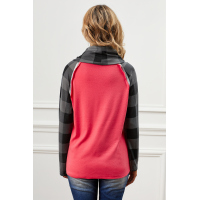 Red Cowl Neck Plaid Splice Casual Long Sleeve Top