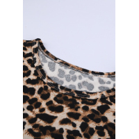 Leopard Print Splicing Apricot Striped Long Sleeve Top with Front Twist 