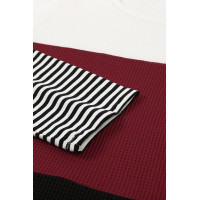 Wine Stylish Colorblock Splicing Stripes Top