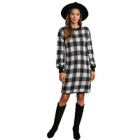 Black Gingham Balloon Sleeve Sweater Dress