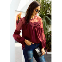 Red Fashion Lantern-Sleeve Lace Patchwork Top