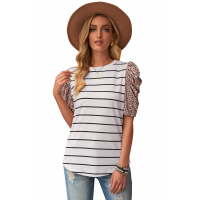 Leopard Ruffle Sleeve Striped T-shirt