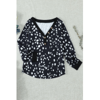 Spotted Print Black Long Sleeve Knit Top