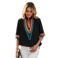 Black Ethnic Colorblock Short Sleeves Top