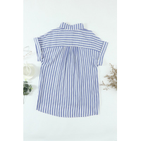 Blue Short Sleeve Buttoned Striped Print Blouse