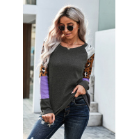 Gray Multi Print Color-block Sleeves Waffle Knit Top