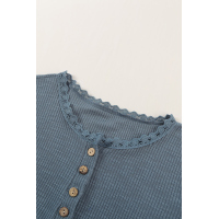 Blue Buttoned Ribbed Knit Short Sleeve Top