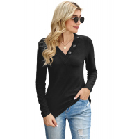 Black V-neck Button Solid Color Long Sleeve Top