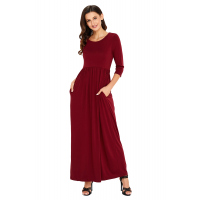 Burgundy Pocket Design 3/4 Sleeves Maxi Dress