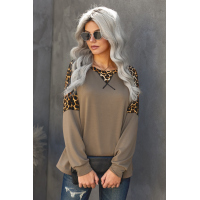 Khaki Leopard Stitching Long Sleeve Top