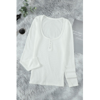 White U Neck Button Knit Long Sleeve Top