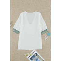 White Deep V-neck Half Sleeve Embroidery Patch Blouse