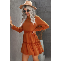 Orange Long Sleeve Ruffled Solid Swing Mini Dress