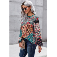 Green Bohemian Floral Print Patchwork Top