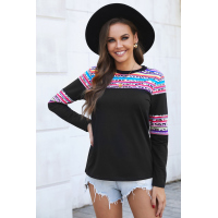 Black Crew Neck Ethnic Stripe Leopard Splicing Top