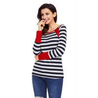 Red Splice Accent Navy White Striped Long Sleeve Shirt