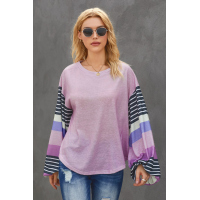 Purple Striped Colorblock Long Sleeve Knit Top