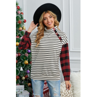 Plaid Patchwork Striped Button Long Sleeve Top