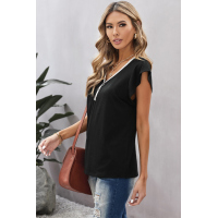 Black V Neck Buttoned Lace Trim Short Sleeve Tee