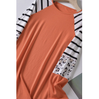 Orange Striped Animal Print Colorblock Long Sleeve Top