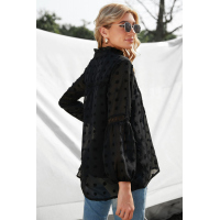 Black Ruffled Split Neck Lace Hollow Out Puff Sleeve Polka Dot Blouse