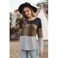 Gray Colorblock Leopard Patchwork Long Sleeve Top