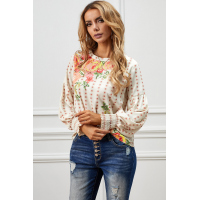 Apricot Crewneck Floral Printed Balloon Sleeves Blouse