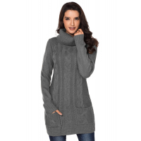 Gray Cowl Neck Cable Knit Sweater Dress