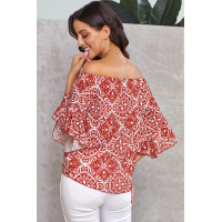 Red Bohemian Floral Print Off The Shoulder Blouse