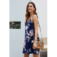 Blue Floral Pattern Buttoned Slip Cami Dress