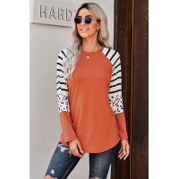 Orange Striped Animal Print Colorblock Long Sleeve Top