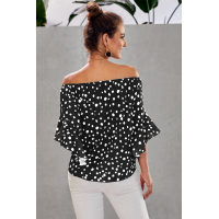 Black Polka Dot 3/4 Bell Sleeve Off Shoulder Front Tie Knot Top