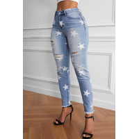 Ripped Star Print Mid Waist Jeans